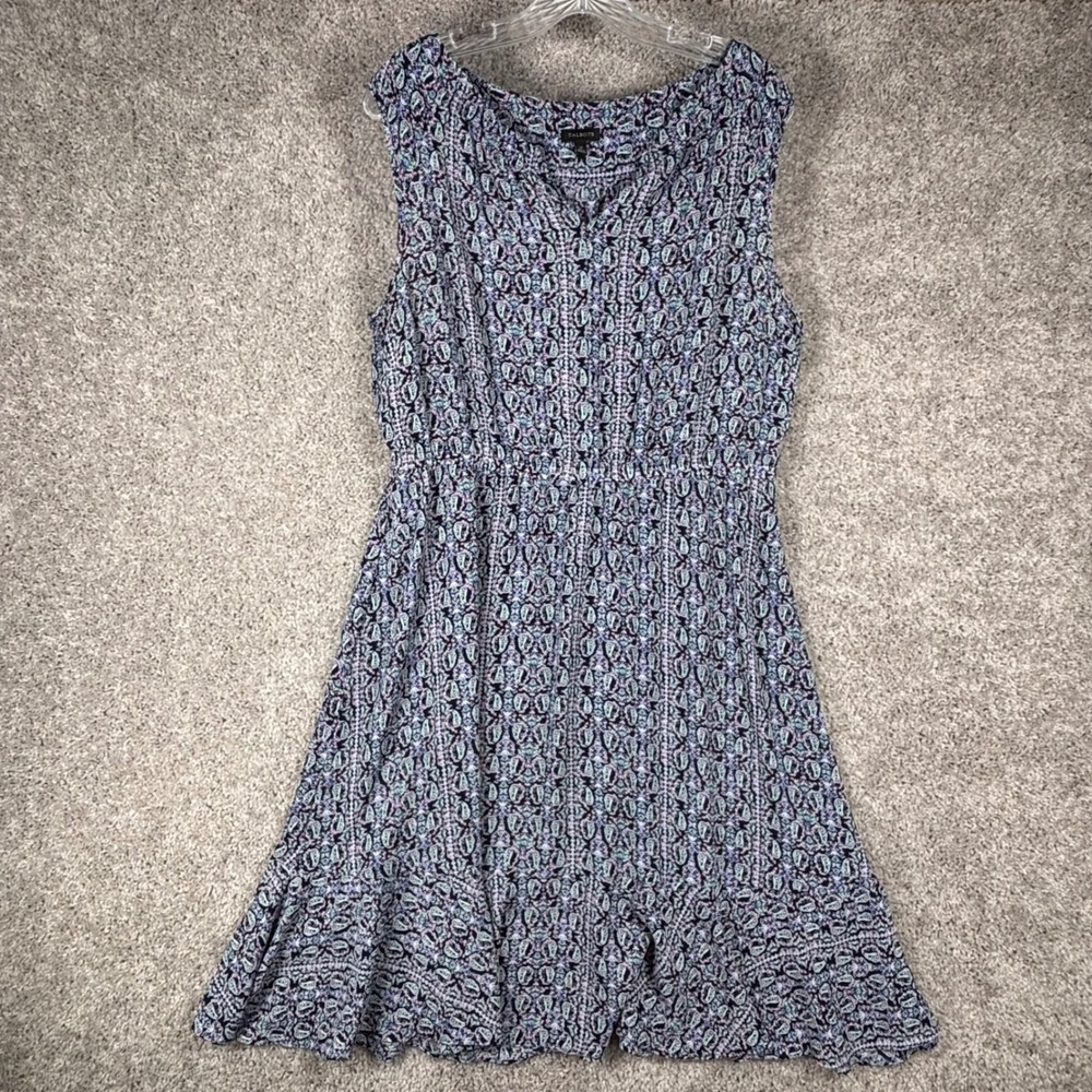 Talbots Womens Blue Paisley Sleeveless Fit & Flare Dress Size 14 V-Neck Ruffle